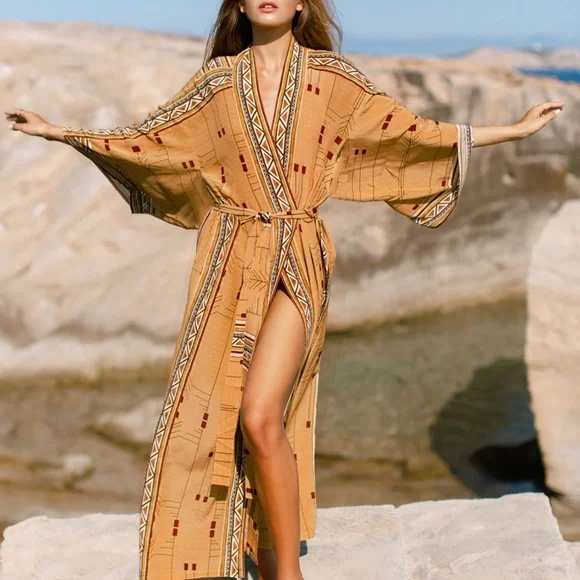 Bohemian Western Aztec Tribal Geo Belted Kimono Duster Cover up Beach - Picture 12 of 12